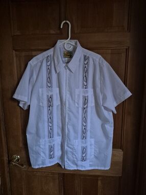 Haband Lightweight White  Guayabera Shirt Brown Design
